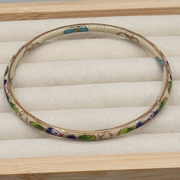 Cloisonne Thin Floral Bangle Bracelet Light Green Enamel Vintage 8 in - Picture 3 of 4